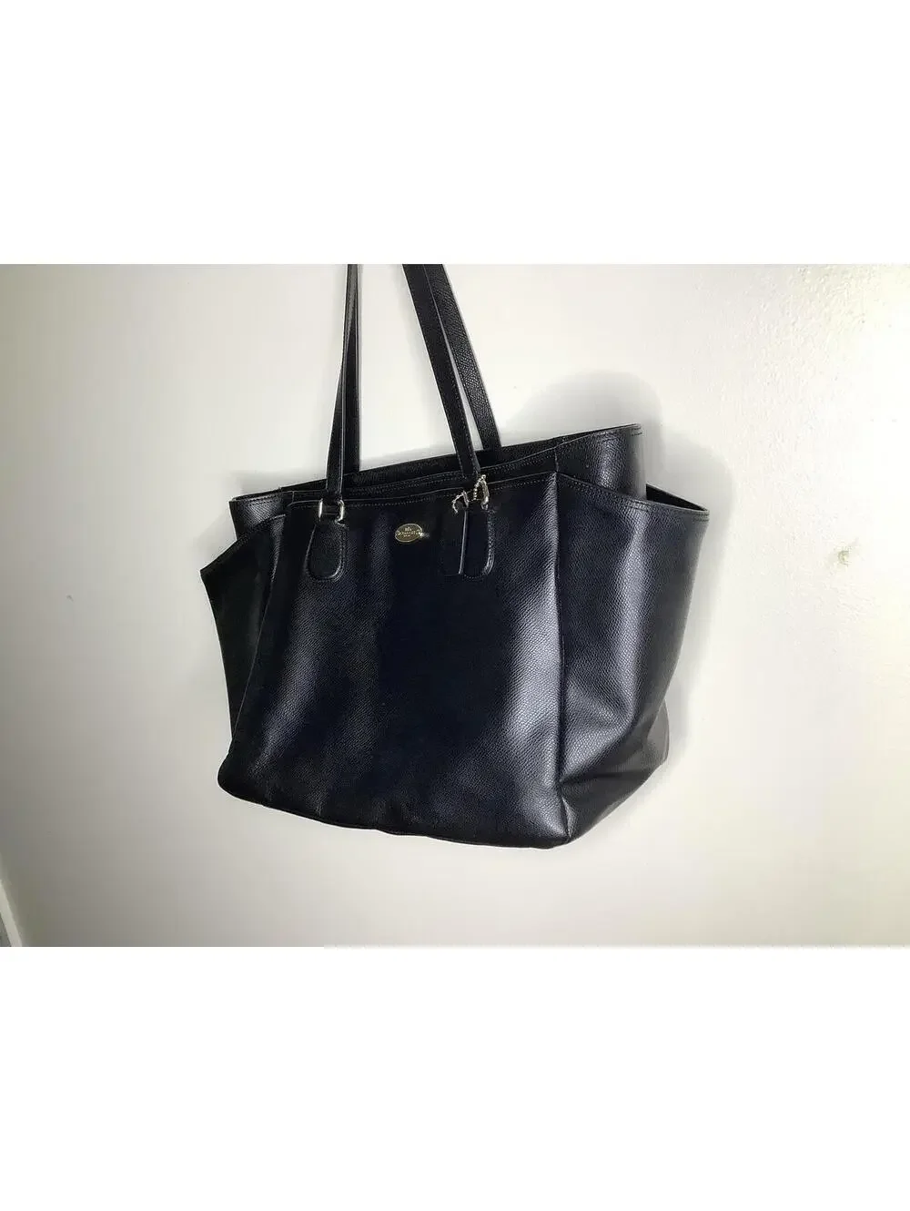 < Coach Black Leather Large Diaper Tote Bag > - Picture 5 of 13